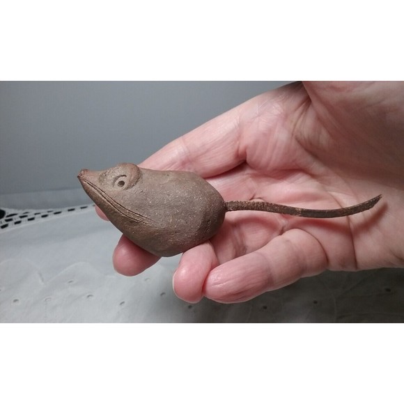 Handmade Other - Vintage Hand Created Stone Clay Mouse with Leather Tail  2.25"